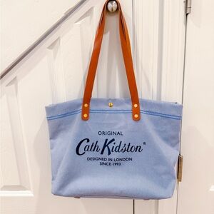 Cath Kidston Light Blue Canvas Tote with Tan Leather Handles